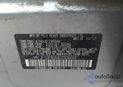 2013 Subaru Impreza 2.0I Premium z USA, uszkodzony, nr VIN JF1GPAD64D2806664